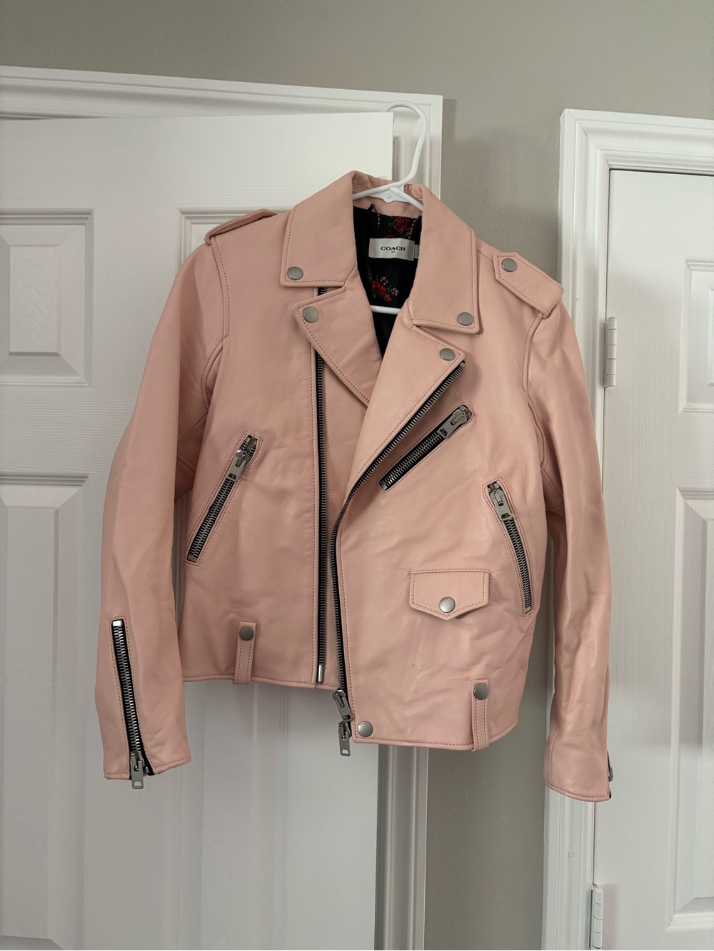 Coach Pink Leather Moto Jacket